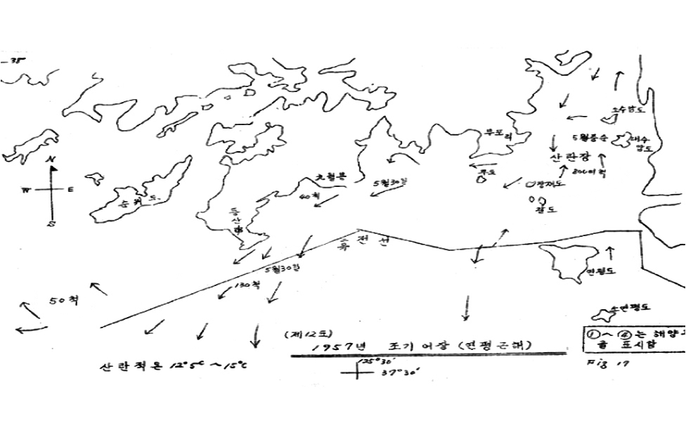 1957년 연평 근해 조기 어장 지도. 조기 이동 경로와 시기, 동원된 어선 척수까지 상세히 기재돼 있다. 국립수산과학원 제공