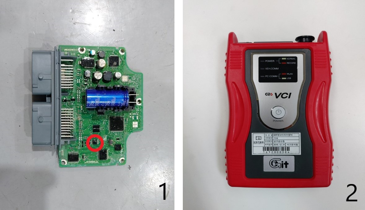 1. 에어백 부품에 내장된 EDR(빨간 원). 가로, 세로 5㎜ 내외의 작은 칩의 형태로, 사고 당시의 자동차 정보를 저장한다. 2. 현대·기아차 전용 EDR 데이터 추출 장비인 VCI(Vehicle Communication Interface). 보험개발원 자동차기술연구소 제공