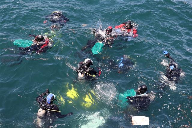29일 한국해양구조협회 경북특수구조대(황승욱 대장)와 포스코 포항제철소 클린오션봉사단과 포항시 해양산업과 공무원들이 제26회 바다의 날을 맞아 포항시 북구 흥해읍 영일만항 북방파제 일원에서 해양정화 활동을 앞두고 깨끗한 바다 지키기에 앞장 설 것을 다짐하고 있다. 2021.5.29 뉴스1