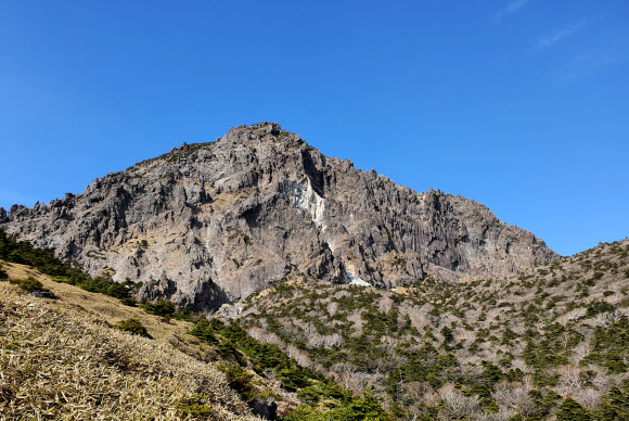 최근 한라산 백록담 남서쪽 암벽 일부가 무너져 내렸다고 제주도 세계유산본부 한라산국립공원관리소 등이 31일 밝혔다. 한라산연구부에 따르면 이번 붕괴 지점을 비롯한 백록담 서쪽 또는 서북쪽 암벽은 지질학적으로 풍화작용에 약한 조면암으로 이뤄져 쉽게 부서진다. 사진은 붕괴해 하얗게 보이는 백록담 남서쪽 인근 절벽. 2021.5.31  제주도 세계유산본부 한라산국립공원관리소 제공