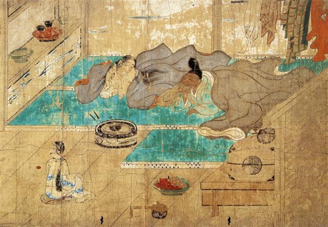 가난한 노부부가 부자가 된 꿈을 꾸는 내용을 묘사한 ‘후쿠토미죠시’엔 흑유 찻잔(왼쪽 선반 위)이 보인다. 이데미츠미술관 소장.