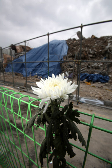 14일 오후 광주 동구 학동4구역 철거 건물 붕괴 참사 현장에 흰 국화 한 송이가 꽂혀있다. 2021.6.14  연합뉴스