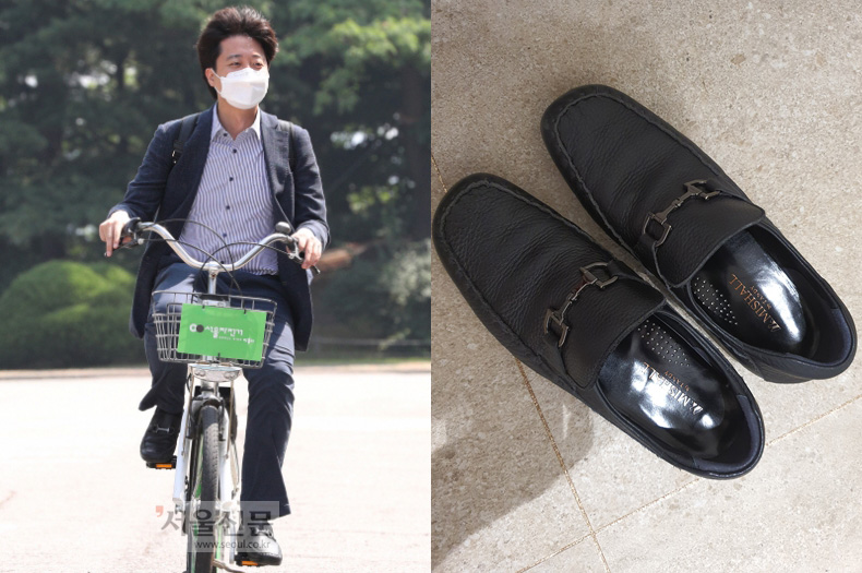 자전거를 타는 이준석(왼쪽) 국민의힘 대표와 페이스북에 공개한 신발. 서울신문 DB·이준석 대표 페이스북