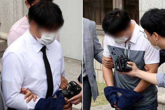 17명의 사상자가 발생한 철거건물 붕괴참사의 현장 공사 관리자(왼쪽 사진·하도급 업체 관계자)와 굴착기 기사(오른쪽 사진·불법 재하도급 업체 대표)가 17일 오전 광주지방법원에서 열린 구속 전 피의자 심문(영장실질심사)을 마친 뒤 경찰 호송차로 향하고 있다. 경찰은 학동 4구역 재개발 사업지에서 법규를 무시하고 철거 공사를 강행해 인명피해 사고를 낸 혐의(업무상 과실 치사상) 등으로 이들에 대해 사전구속영장을 신청했다. 2021.6.17  연합뉴스