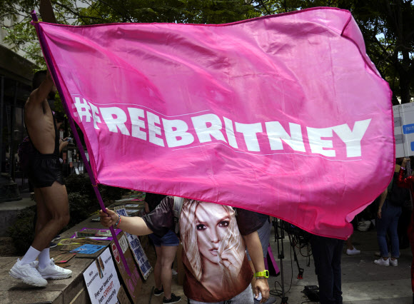 팝가수 브리트니 스피어스의 지지자들이 23일(현지시간) 미국 캘리포니아주 로스앤젤레스(LA) 카운티 스탠리 모스크 법원 앞에서  ‘브리트니를 해방하라(Free Britney)’라고 적힌 피켓 등을 들고 시위를 벌이고 있다. AP 연합뉴스