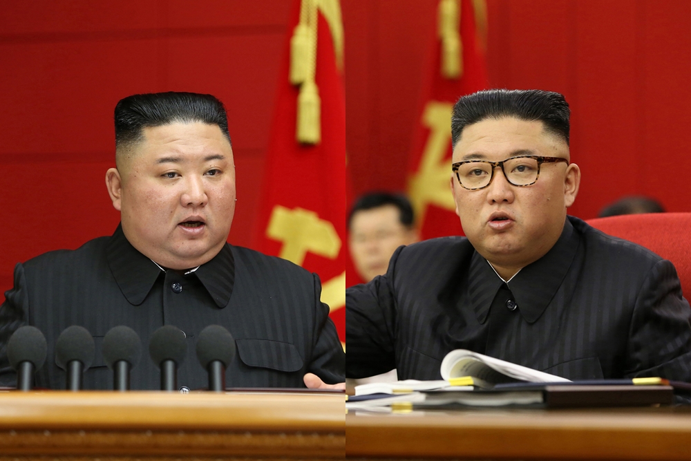 지난 3월 6일 제1차 시·군당 책임비서 강습회에서 폐강사를 하던 모습(왼쪽)과 6월 15일 북한 노동당 전원회의를 주재하는 모습(왼쪽) 비교.  연합뉴스