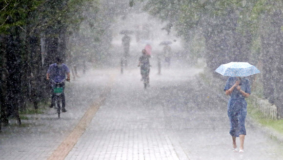 30일 오후 소나기가 내린 서울 송파구 위례성길에서 우산을 쓴 시민이 길을 지나고 있다. 2021.6.30  연합뉴스