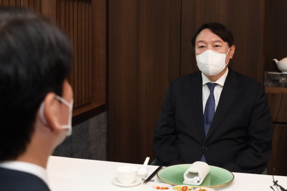 윤석열 전 검찰총장이 7일 서울 종로구 한 중식당에서 안철수 국민의당 대표와 오찬 회동을 하고 있다.2021. 7. 7 국회사진기자단