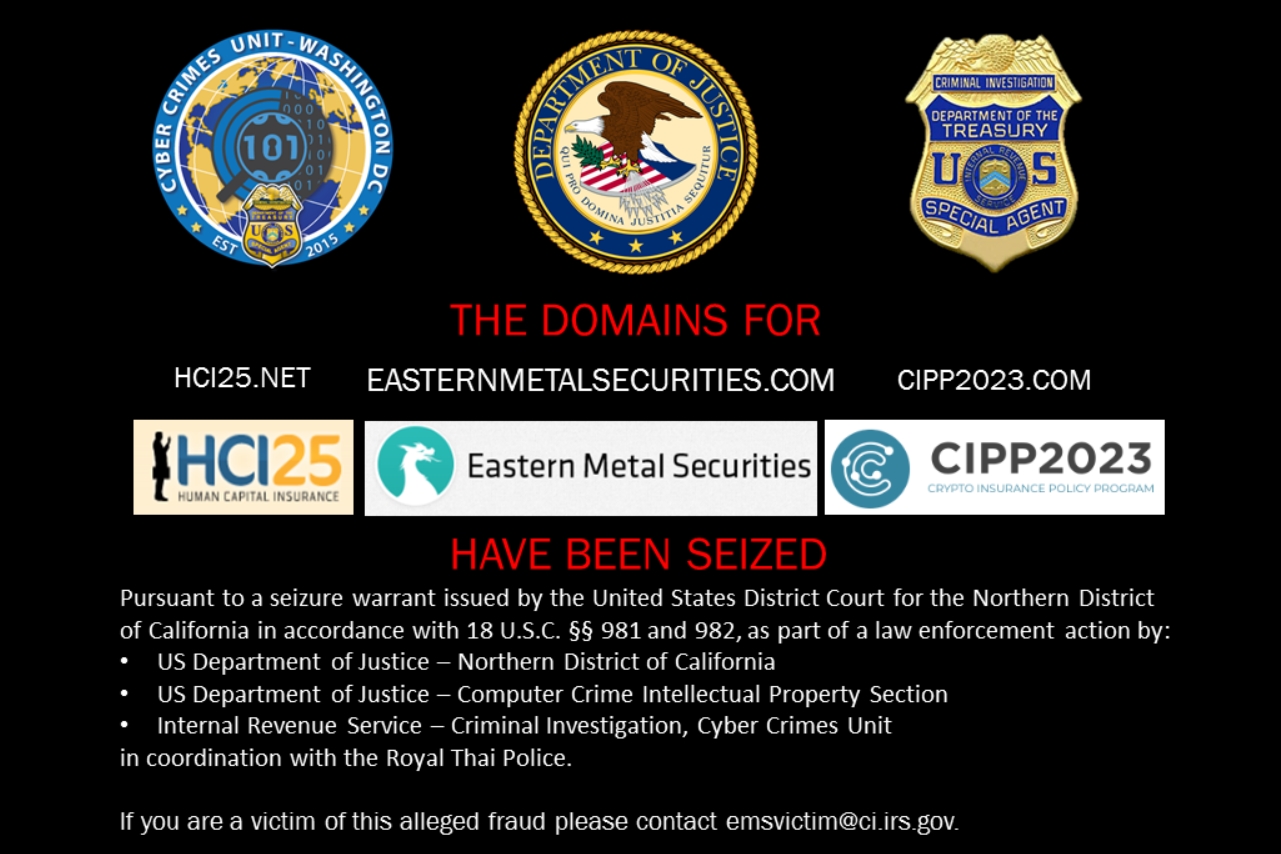 대규모 암호화폐 관련 투자 사기를 벌인 ‘이스턴 메탈 시큐리티즈’ 홈페이지가 미국 사법당국에 의해 폐쇄됐다.