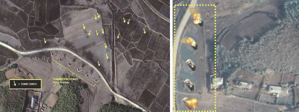 2010년 11월 K9 자주포 반격을 받은 북한 개머리 진지. 화살표가 탄착점이다. 타격된 방사포는 없는 것으로 보인다(왼쪽). 관측포탄을 사용해 모의 전투를 진행한 결과 북한군 다연장포 6대 중 3대가 피격돼 불타오르고 있다(오른쪽).  디지털 글로브·한국시뮬레이션학회지