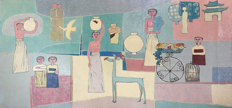 김환기, 여인들과 항아리, 1950년대, 캔버스에 유채, 281.5x567cm. ⓒ (재)환기재단·환기미술관