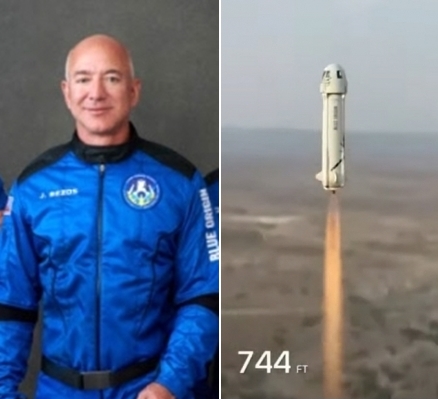 아마존 창업자 제프 베이조스(왼쪽) 우주여행 성공. 베이조스는 조종사 없는 자동제어 재활용 로켓 ‘뉴 셰퍼드’에 탑승했으며 성공적으로 발사됐다. 비행은 100㎞ 이상을 목표로 하고 있다. 2021.7.20 블루오리진 유튜브 캡처