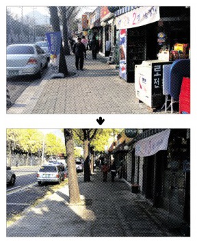 서울 종로구가 ‘친환경보도’ 조성 사업으로 가회로를 정비한 전후 모습.<br>종로구 제공