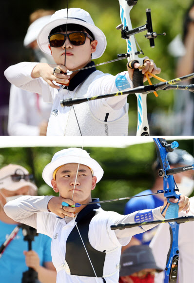 24일 열리는 도쿄올림픽 양궁 혼성 단체전에 출격하는 한국 대표팀의 안산(위)과 김제덕(아래). 연합뉴스