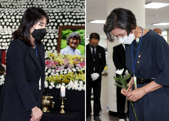5일 오후 광주 서구 염주체육관에 마련된 산악인 김홍빈 대장 분향소에서 더불어민주당 대선 예비후보인 이재명 경기지사 부인 김혜경 씨(왼쪽)와 이낙연 전 대표 부인 김숙희 씨가 참배하고 있다. 2021.8.5  연합뉴스