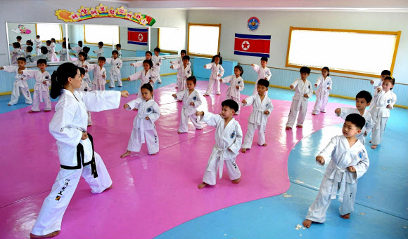 태권도 동작을 따라하는 북한 유치원생들