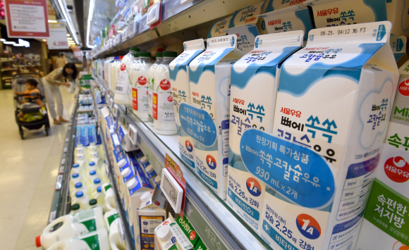17일 서울의 한 마트에서 시민들이 우유를 고르고 있다. 2021.8.17 박지환기자 popocar@seoul.co.kr