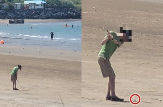 용두해수욕장에서 골프연습을 하는 남성. 보배드림 커뮤니티