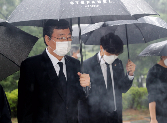 김대중 전 대통령 서거 12주기를 맞은 18일 오전 국립서울현충원 고 김 전 대통령 묘역에서 차남인 김홍업 김대중평화센터 이사장과 유족들이 참배하고 있다.2021. 8. 18 김명국 선임기자 daunso@seoul.co.kr