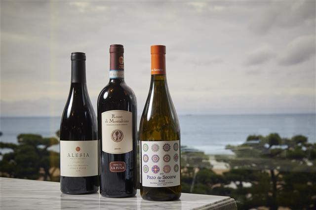 부산 파라다이스호텔 소믈리에들이 추천한, 창문 넘어 펼쳐진 바다를 바라보며 마시기 좋은 와인들. 왼쪽부터 알리시아 피노누아, 로소 디 몬탈치노 산지오베제, 스페인 화이트 와인 파조 데 세오안 로살.