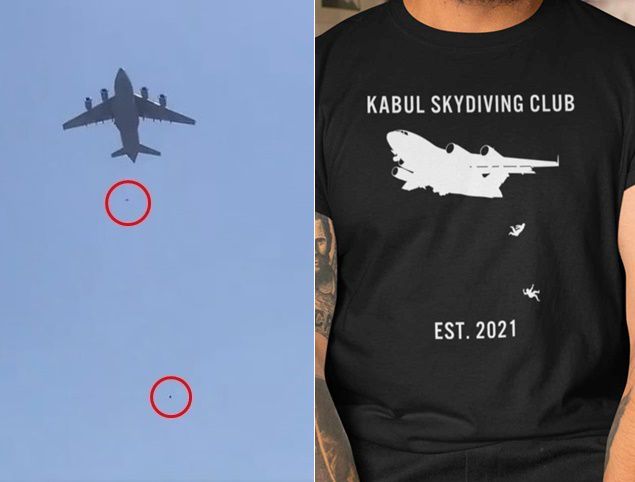 미국 수송기 외부에 매달린 아프가니스탄 시민이 추락하는 순간으로 추정되는 장면(왼쪽)과 이를 그려 넣어 논란 중인 티셔츠. 트위터 캡처