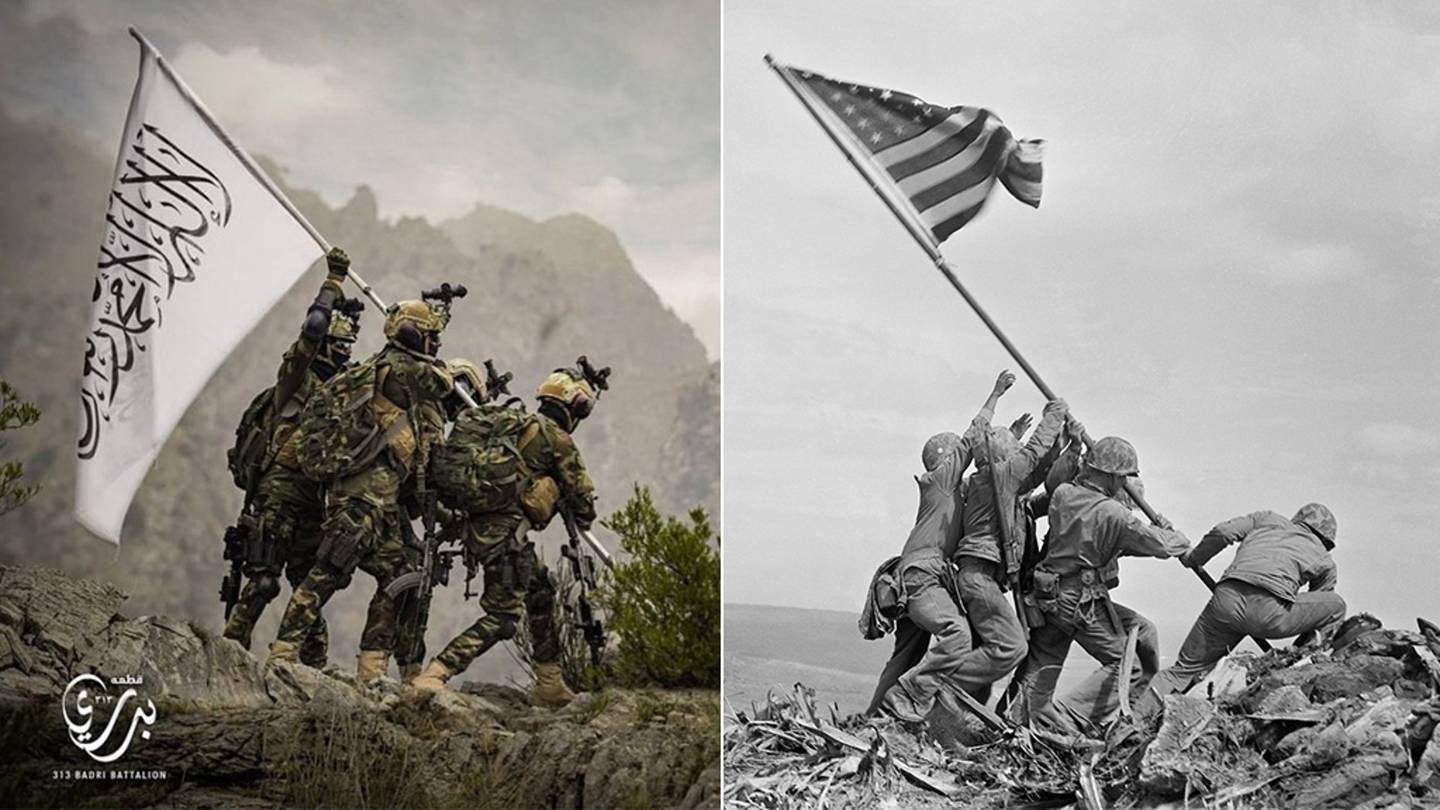 왼쪽은 탈레반 사진, 오른쪽은 1945년에 미군이 일본 전투 때 찍은 ‘이오지마 성조기’. AP