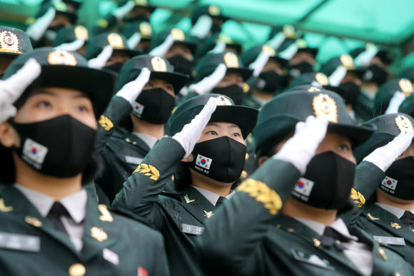 27일 오전 전북 익산시 육군부사관학교에서 열린 ‘21-2기 부사관 임관식’에서 신임 부사관들이 경례하고 있다. 2021.8.27  연합뉴스
