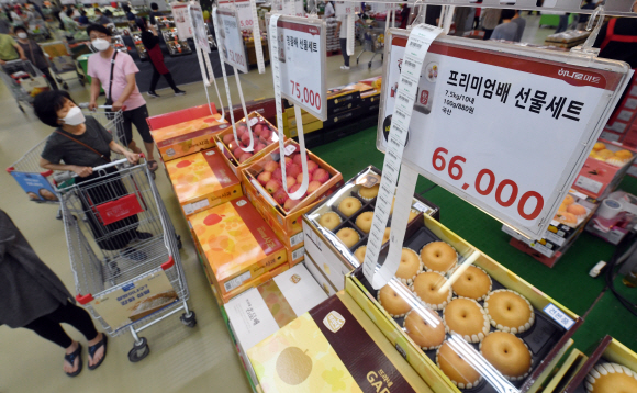 추석을 앞두고 과일, 축산물 등 차례상을 차리는데 필요한 제수물품 가격이 급상승하고 있는 가운데 5일 서울 양재동 하나로마트에서 시민들이 장을 보고 있다. 정연호 기자 tpgod@seoul.co.kr