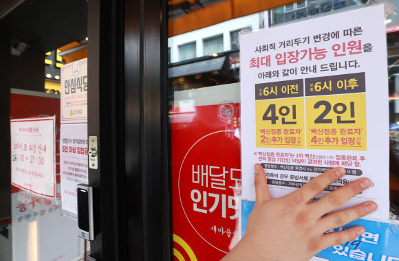 5일 서울 종로구의 한 식당 직원이 백신 접종 완료자를 포함해 최대 6명까지 모임이 허용된다는 안내문을 출입문에 붙이고 있다. 연합뉴스