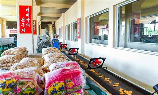 북한 노동당 기관지 노동신문은 7일 당 “결정을 받들고 인민소비품생산에서 혁신적 앙양을 일으키자”라고 촉구했다. 신문은 “모든 부문의 일꾼들은 우리 경제의 사명이 인민들의 물질적 수요를 보장하는 데 있다는 것을 다시금 새기고 경공업 공장들에 필요한 물자를 우선적으로 보장하기 위한 사업을 실속 있게 내밀어야 할 것”이라고 짚었다. 사진은 정방산종합식료공장. 평양 노동신문 뉴스1