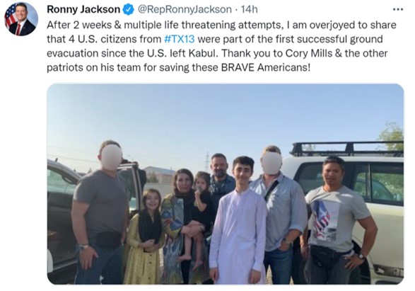 공화당 소속 로니 잭슨 하원의원이 자신의 트위터에 공개한 마리암과 3명의 자녀 사진. 이들은 미군의 아프간 철수 이후 처음으로 현지에서 탈출했다. 트위터 캡쳐