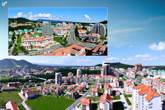 북한의 대외홍보용 월간 화보 ‘조선’은 ‘이상적인 본보기 지방 도시’로 개발한 양강도 삼지연시의 모습을 게재했다. 김정은 국무위원장은 집권 초인 2013년 김일성 주석의 ‘혁명활동 성지’이자 김정일이 태어났다고 선전하는 ‘백두산 밀영(密營)’이 자리잡은 삼지연을 ‘백두산 혁명사적지’로 조성하라고 지시한 이후 2019년까지 9차례나 현지지도 등 공개활동을 벌였다. 삼지연은 원래 군(郡)이었지만, 김 위원장이 참석한 2019년 읍지구 준공식 직후 시(市)로 승격했다. 삼지연 시내에 고층 건물들이 늘어서 있다. 2021.9.7  북한 대외용 화보 ‘조선’ 9월호 캡처