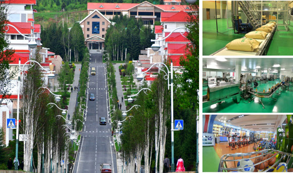 북한의 대외홍보용 월간 화보 ‘조선’은 ‘이상적인 본보기 지방 도시’로 개발한 양강도 삼지연시의 모습을 게재했다. 김정은 국무위원장은 집권 초인 2013년 김일성 주석의 ‘혁명활동 성지’이자 김정일이 태어났다고 선전하는 ‘백두산 밀영(密營)’이 자리잡은 삼지연을 ‘백두산 혁명사적지’로 조성하라고 지시한 이후 2019년까지 9차례나 현지지도 등 공개활동을 벌였다. 삼지연은 원래 군(郡)이었지만, 김 위원장이 참석한 2019년 읍지구 준공식 직후 시(市)로 승격했다. 삼지연 시내 도로에 자동차와 보행자들이 드문드문 지나고 있다. 오른쪽에는 공장과 운동용품 상점의 모습도 보인다. 2021.9.7  북한 대외용 화보 ‘조선’ 9월호 캡처