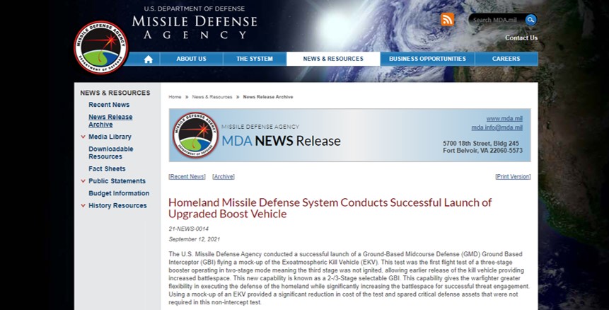 미국 미사일방어청이 12일(현지시간) 미사일 방어체계 성능향상시험에 성공했다는 내용의 보도자료를 홈페이지에 공개했다. 미사일방어청 홈페이지 캡쳐