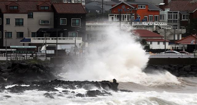 도로 덮치는 거대한 파도