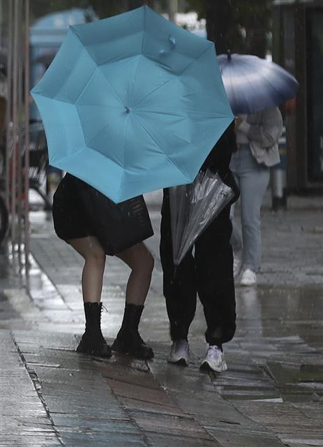 우산 부여잡고 걷는 시민들