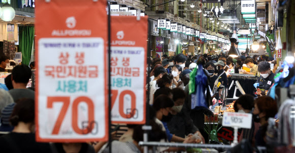 연휴 사흘째이자 추석 전날인 20일 오후 서울 망원시장을 찾은 시민들이 장을 보고 있다. 2021.9.20  연합뉴스