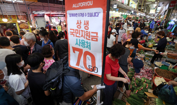 연휴 사흘째이자 추석 전날인 20일 오후 서울 망원시장의 한 점포에 국민지원금 이용 가능 안내문이 붙어 있다. 2021.9.20  연합뉴스