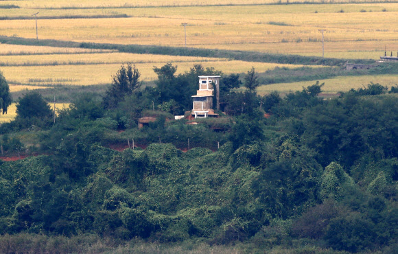 24일 경기도 파주시 오두산통일전망대에서 바라본 북한 황해북도 개풍군 마을이 고요하다.  김여정 북한 노동당 부부장은 이날 문재인 대통령의 종전선언 제안에 대해 비교적 긍정적인 평가를 하며 남측이 적대적이지만 않다면 관계 회복을 논의할 용의까지 있다고 밝혔다. 2021.9.24  연합뉴스