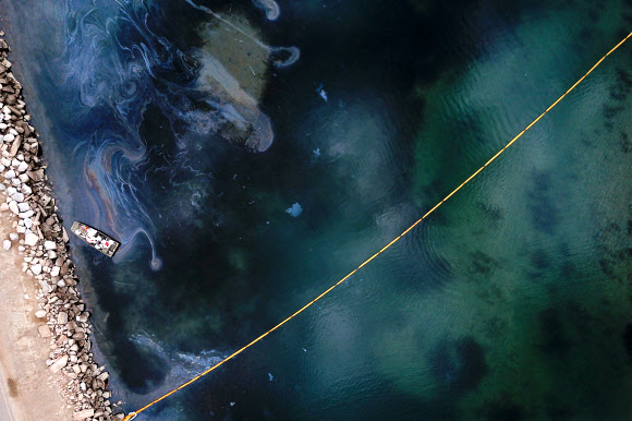 4일(현지시간) 미국 캘리포니아 헌팅턴비치 해안에 기름 유출 사고가 발생해 탤버트 습지와 산타 아나 강 하구가 오염되자 환경 대응 요원들이 기름을 걷어내고 있다. AFP 연합뉴스