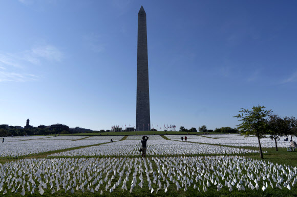 지난 2일(현지시간) 미국 워싱턴DC 내셔널몰에 조성된 코로나19 희생자 조형물. 70만명 사망자를 의미하는 70만개의 깃발이 꽂혀 있다. AP