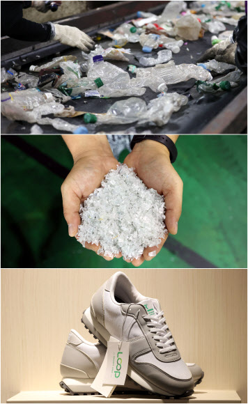 6일 페트병을 재활용하는 경기 김포시 월곶면의 씨케이 김포지점에서 폐페트병을 플라스틱 재생 소재인 플레이크로 생산하기 위한 작업이 진행되고 있다. 맨 아래 사진은 이날 서울 성동구 LAR 매장에 진열된 폐페트병 소재로 만든 운동화. 이 운동화는 롯데케미칼 주관으로 7개 업체가 참여한 플라스틱 자원선순환 프로젝트인 ‘프로젝트 루프’(Project LOOP)를 통해 제작된 제품으로, 신동빈 롯데그룹 회장이 평소 자주 신는 것으로 알려졌다. 2021.10.6  연합뉴스