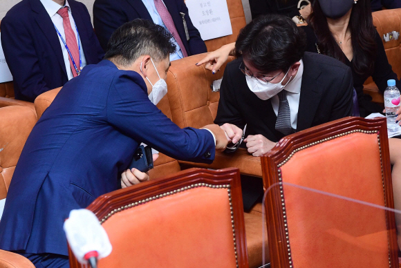 김범수(왼쪽) 카카오 의장과 김범준 우아한형제들 대표가 7일 서울 여의도 국회에서 열린 산업통상자원중소벤처기업위원회의 중소벤처기업부 등에 대한 국정감사에 앞서 인사하고 있다.2021. 10. 7  김명국 선임기자 daunso@seoul.co.kr