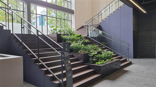견본주택 에코에디션 프로젝트가 진행된 ‘달서 SK뷰’ 견본주택 내부 계단 모습. 계단은 커피합성 목재로 제작됐다. SK에코플랜트 제공