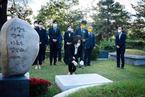 고 백기완 통일문제연구소장 묘역 참배하는 정의당 심상정 대선후보