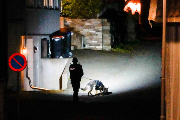 화살 공격으로 5명이 숨지고 2명이 다친 노르웨이 콩스베르그 경찰이 13일(현지시간) 수색견과 함께 현장 주변을 돌고 있다. 콩스베르그 NTB AFP 연합뉴스 