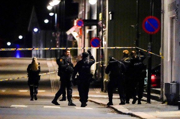 13일(현지시간) 저녁 노르웨이 소도시 콩스베르그에서 화살 난사 테러가 발생, 5명이 숨지고 2명이 부상당했다. 범인이 도시를 활보하자 경찰은 도시 주변에 저지선을 쳤고 사건 발생 34분 뒤 체포했다. 콩스베르그 AFP 연합뉴스