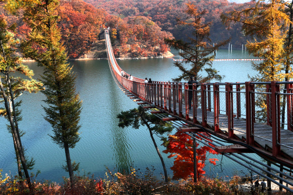 3일 경기도 파주시 마장호수에서 방문객들이 출렁다리를 건너며 가을을 만끽하고 있다. 2021.11.3  연합뉴스