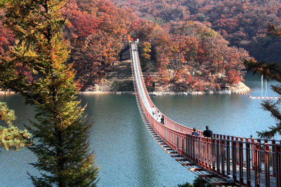 3일 경기도 파주시 마장호수에서 방문객들이 출렁다리를 건너며 가을을 만끽하고 있다. 2021.11.3  연합뉴스