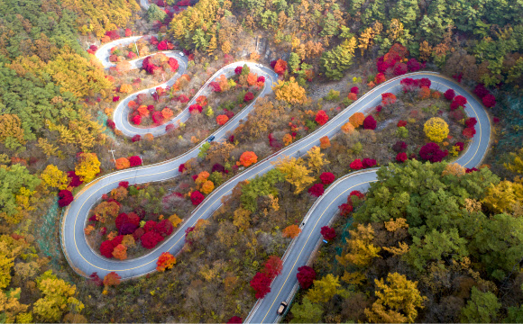 전국적으로 완연한 가을 날씨를 보인 3일 충북 단양군 가곡면 보발재 일대가 가을빛으로 물들어 있다. 2021.11.3  연합뉴스